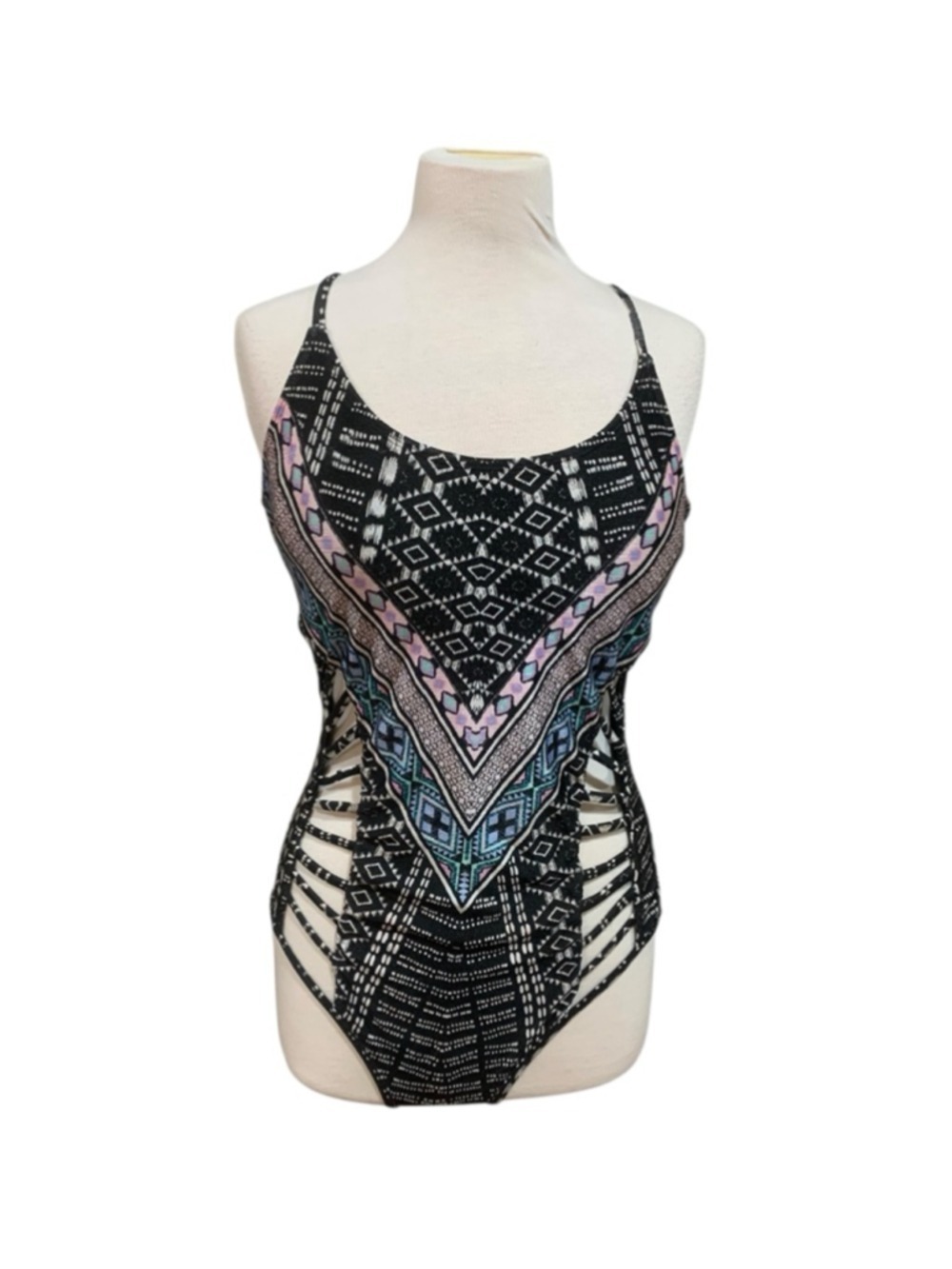 Vntg Y2K juniors No Boundaries One Piece cutout Swimsuit L Black Pink tribal